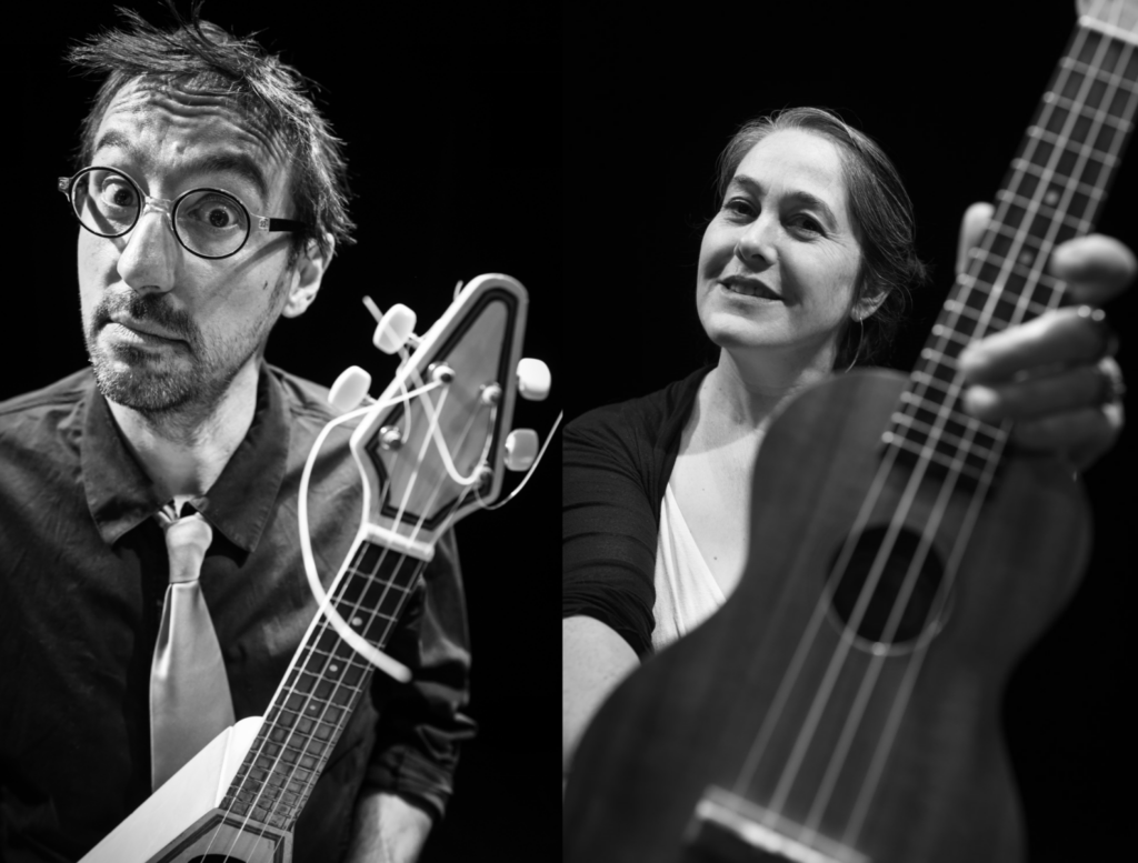 Portraits d'Isabelle BAZIN et Stéphane ARBON, membres de l'Orchestre National de Ukulélés (ONU) et maîtres du stage ukulélé