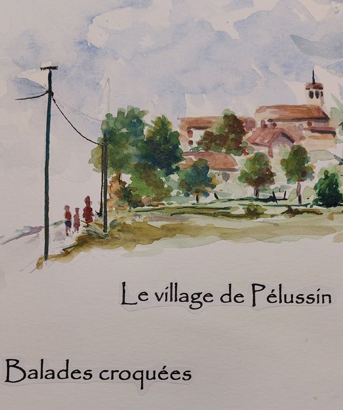 Aquarelle représentant le village de Pélussin par Annick Dervissoglou.