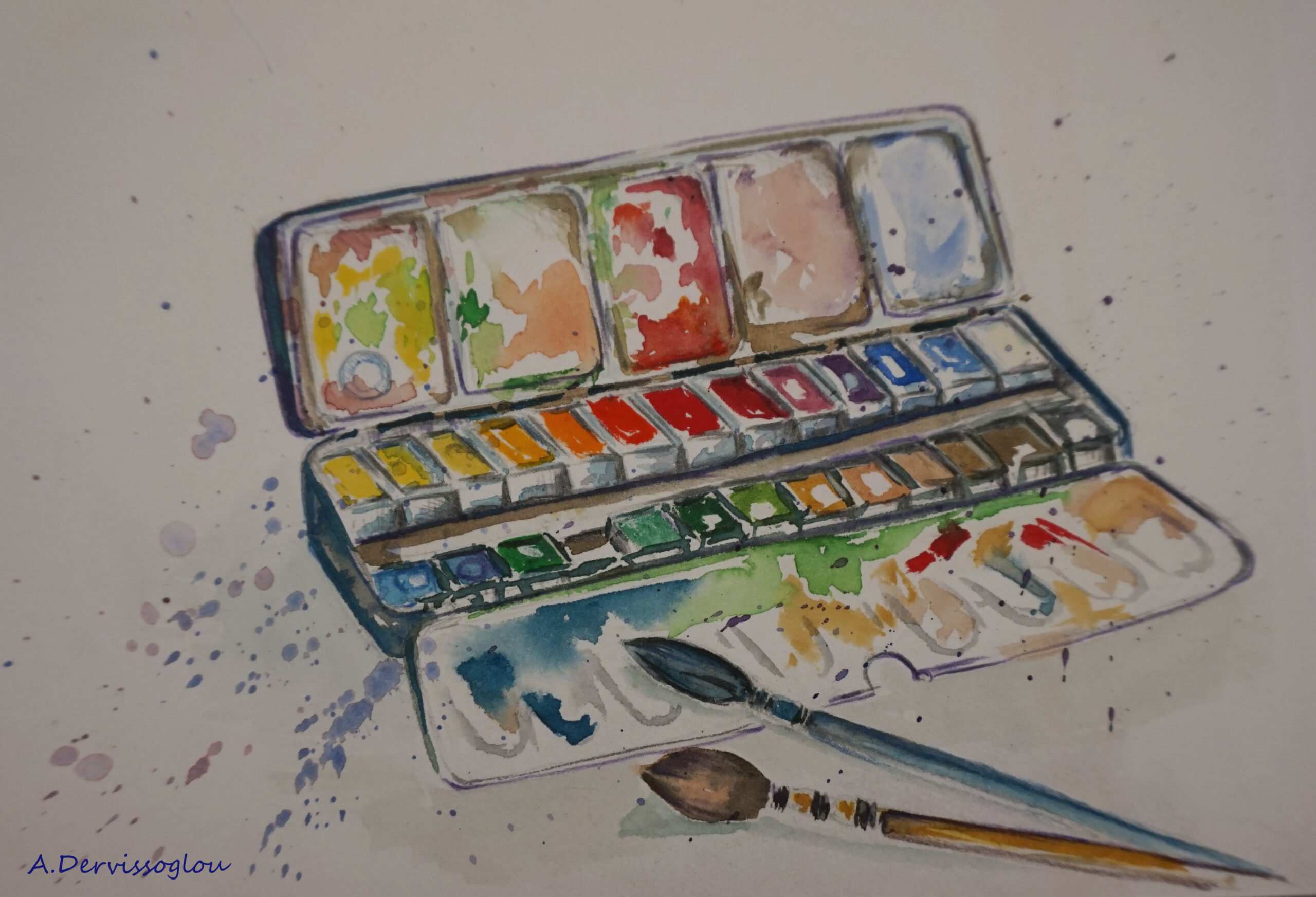 Croquis d'une boîte d'aquarelle réalisé par Annick Dervissoglou, qui conduit le stage Aquarelle des Rencontres Voix & Musiques 2025