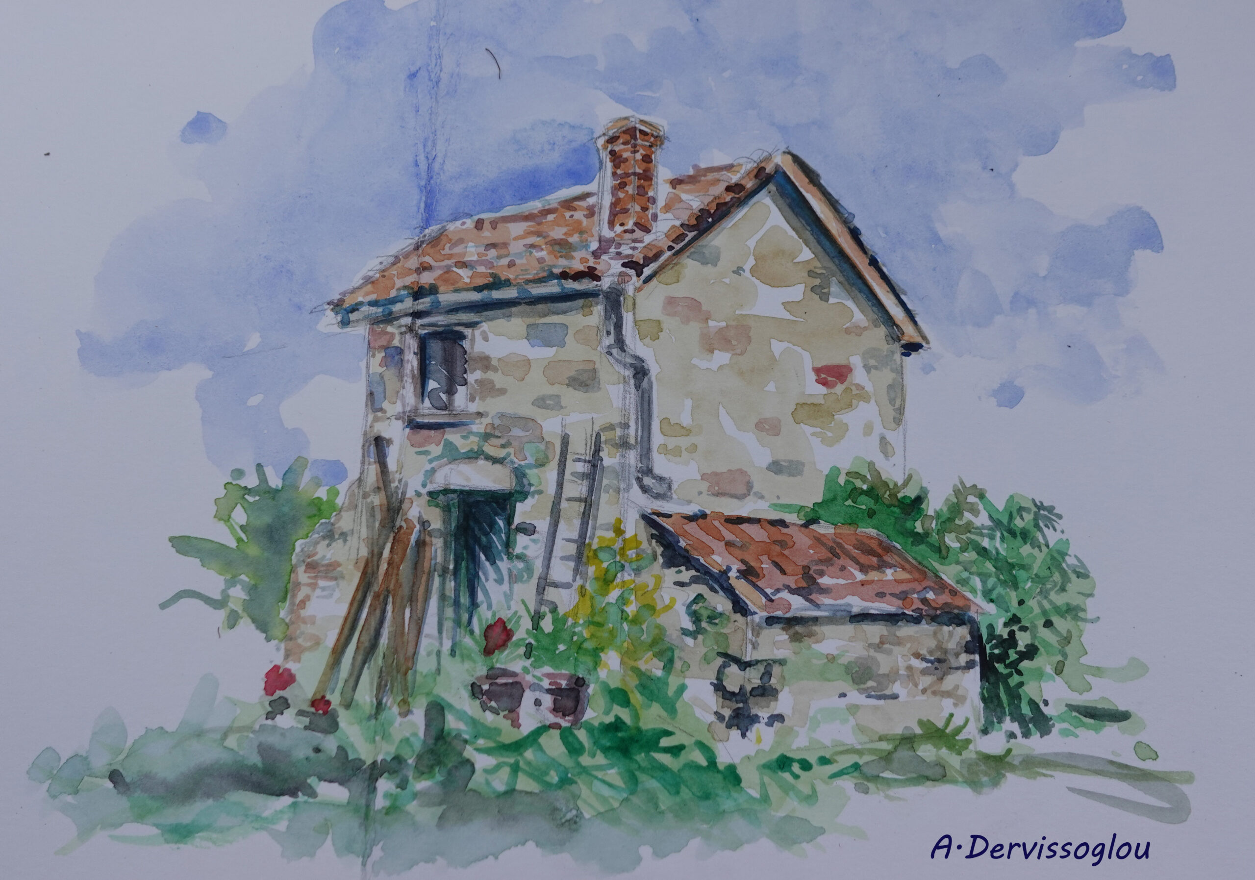 Aquarelle du Mas des Fontaines réalisée par Annick Dervissoglou, qui conduit le stage Aquarelle Carnet de voyage dans les villages du Pilat pour les Rencontres Voix & Musiques 2026.
