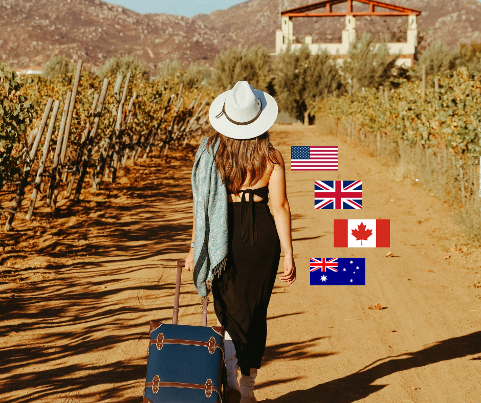 Illustration du stage English for travellers des Rencontres Voix & Musiques 2026. Une femme tirant une valise marche en direction d'un chemin sur lequel se trouvent les drapeaux de pays anglophones.