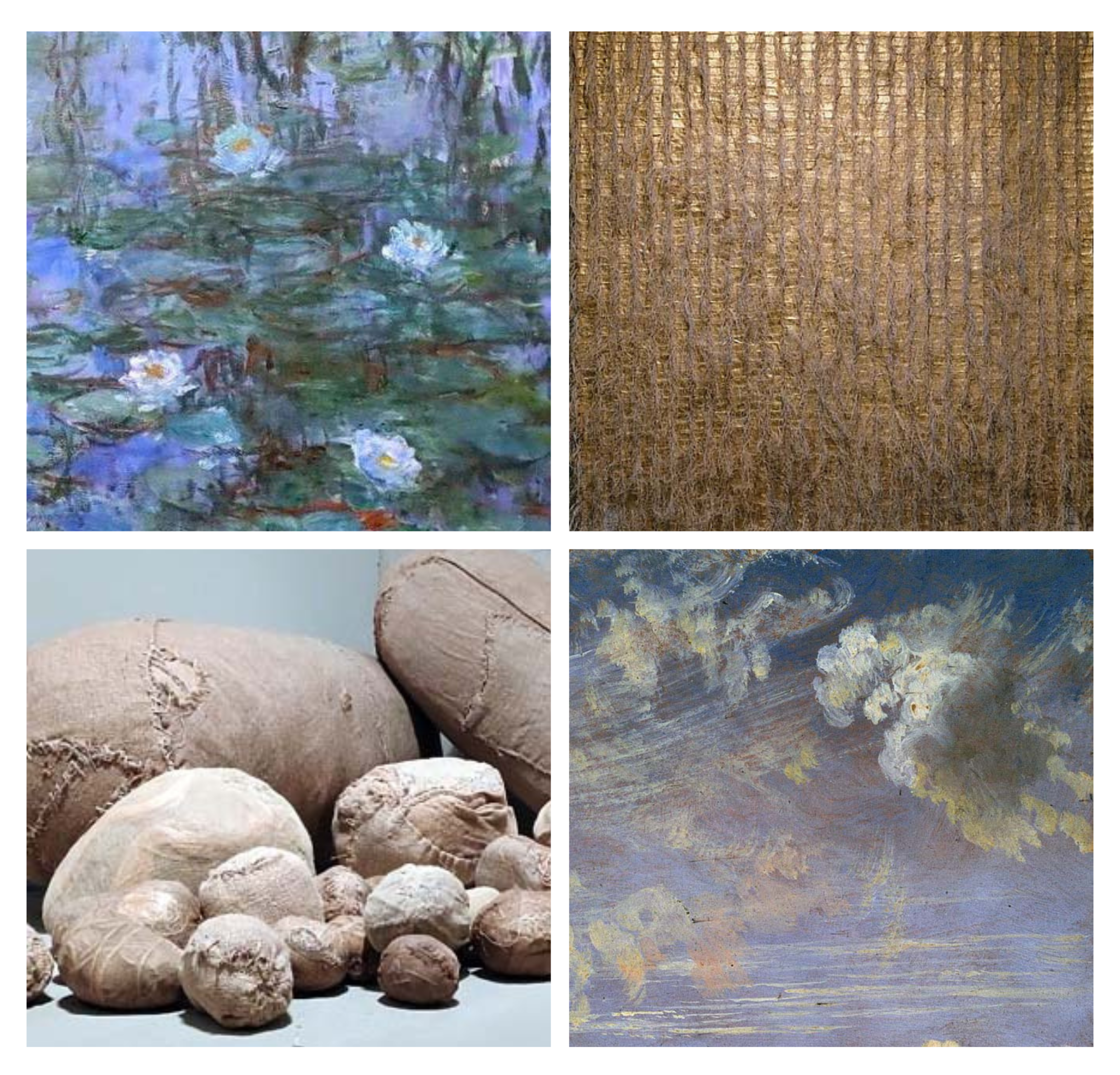 Représentations artistiques des 4 éléments illustrant le stage Teinture, mixture, peinture des Rencontres Voix & Musiques 2026